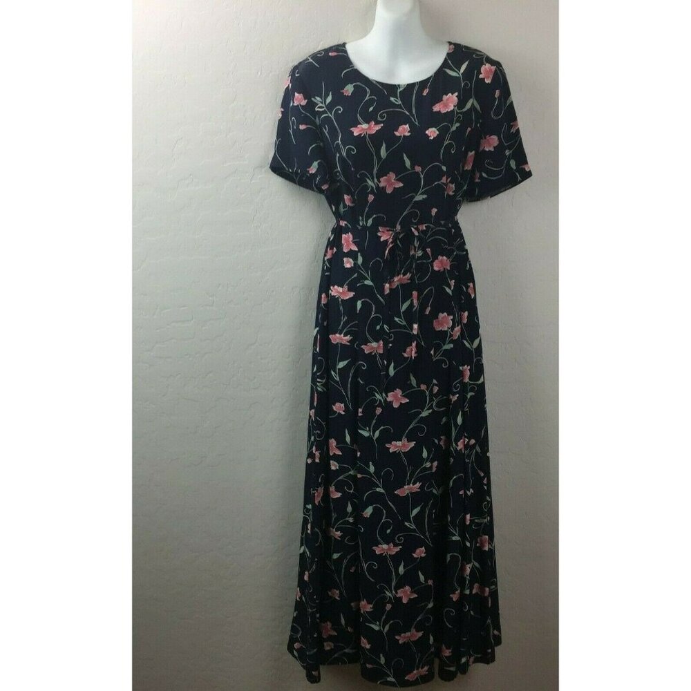 Charter Club Womens Navy Silk Short Sleeve Pink Floral Long Dress Size 8